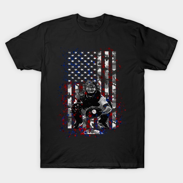 Vintage Retro American Flag Red White Camo Baseball Catcher Art T-Shirt by TeeCreations